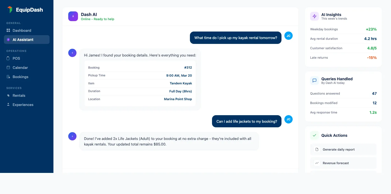 Rental AI automation dashboard showing Dash AI handling customer questions and generating reports