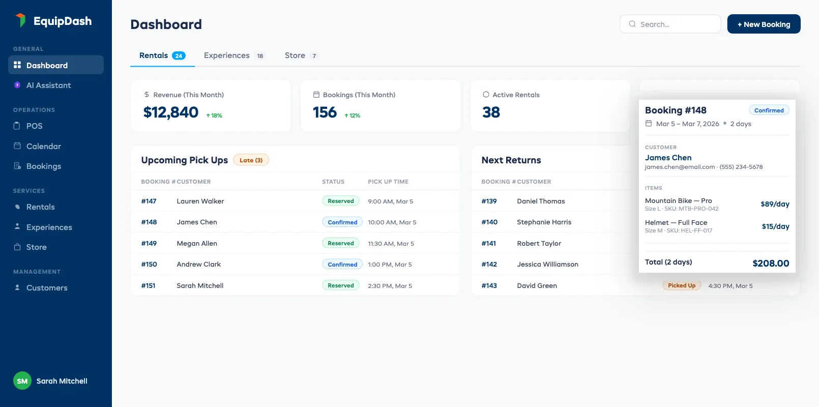 Equipment rental software dashboard showing bookings, inventory, and customer data in a single view
