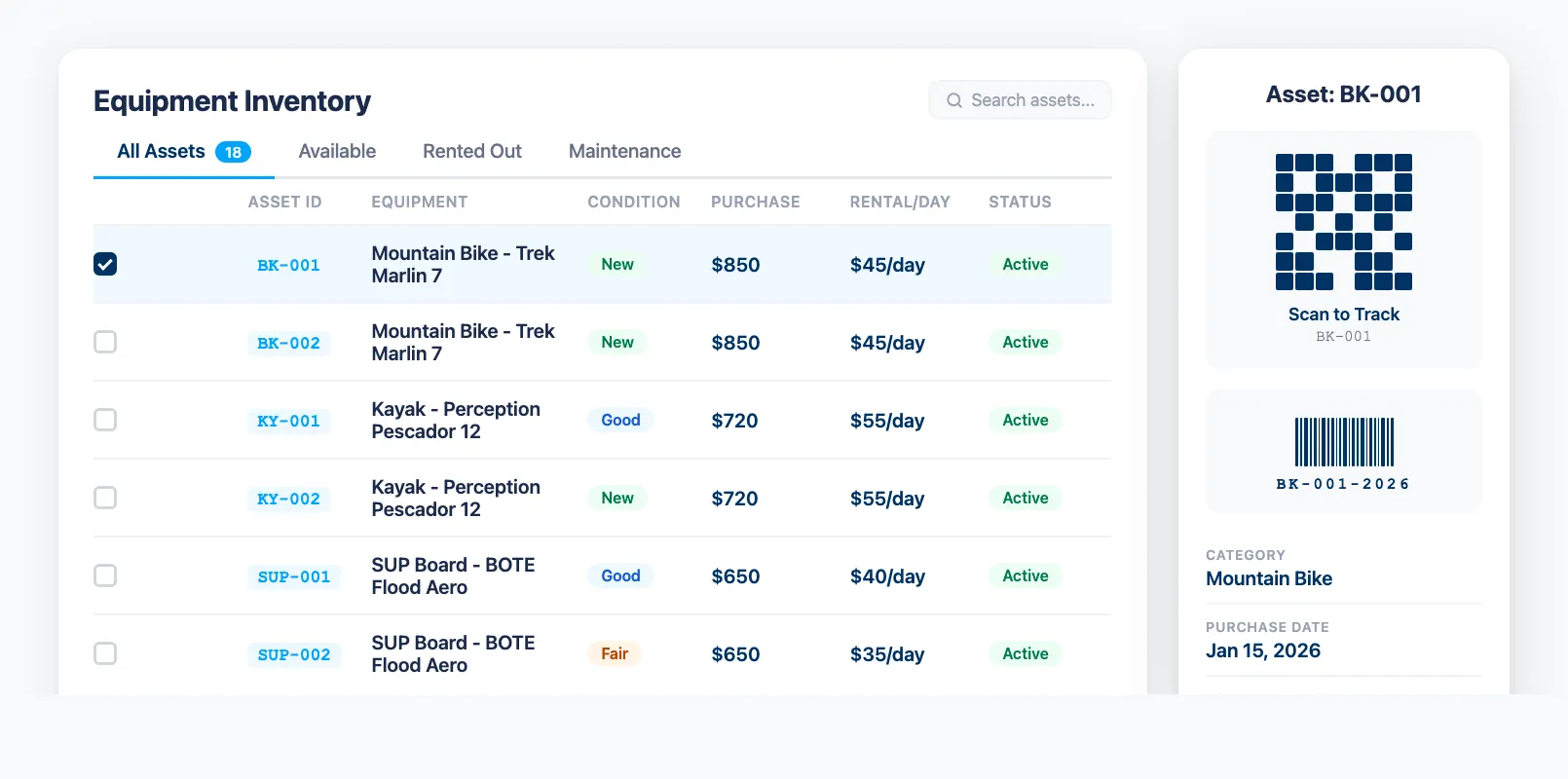 Equipment inventory setup for new rental business showing tagged items and tracking system