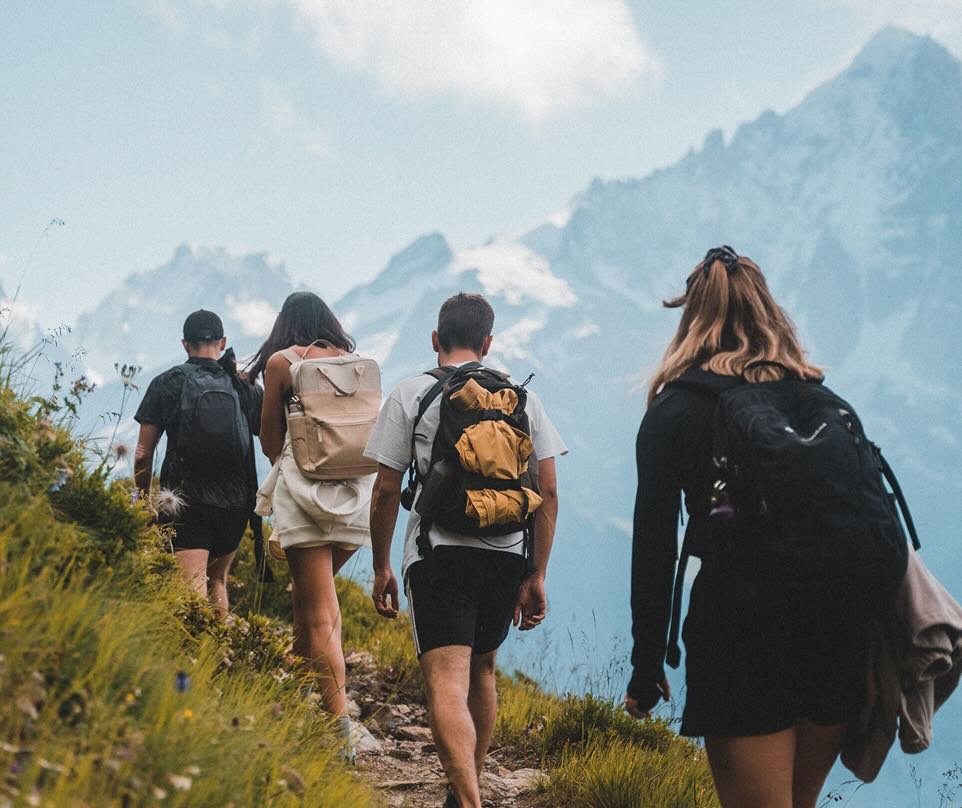 Group hiking with rental gear